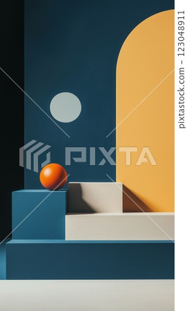 modern abstract arrangement of geometric shapes in navy, mustard, and orange with sphere on blocks and negative space copyspace concept of branding, design 123048911