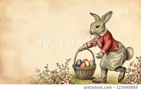 Easter bunny with basket of eggs for holiday greetings. Retro, vitage, sepia, engraving 123048989