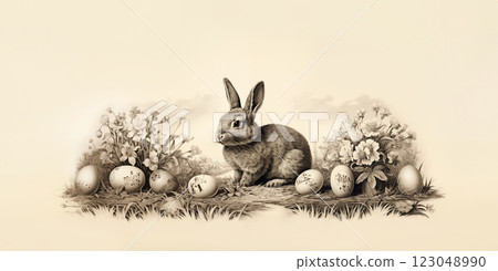 Easter bunny in the horizontal banner. Painted eggs. Sepia, vintage engraving, space for words. 123048990