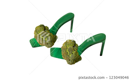 Poster. Modern artwork. Green high heels decorated with broccoli against white background, merging food with style. 123049046