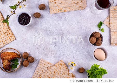 Traditional Passover Seder plate with symbolic foods. Symbolic of Jewish holiday Pesah. Traditional Passover Seder plate with symbolic foods. Symbolic of Jewish holiday Pesah. 123049108