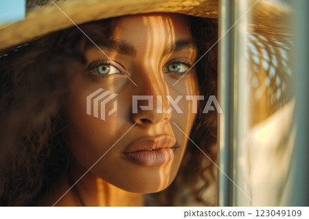 young woman with vibrant blue eyes in straw hat gazing intensely through golden sunlight shadows concept of natural beauty lifestyle photography personal branding 123049109