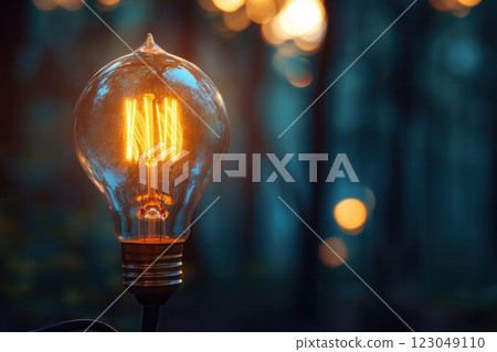 illuminated vintage style light bulb with glowing filament surrounded by soft bokeh lights at dusk copyspace concept of energy solutions advertising design mood lighting 123049110