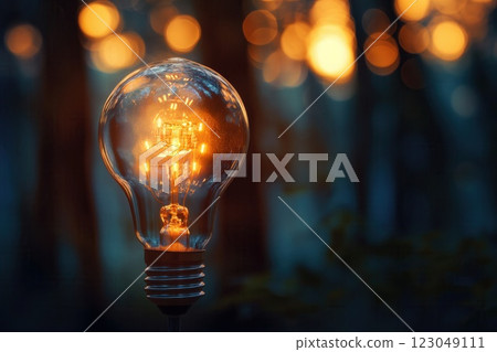 artistic glowing filament bulb closeup in forest surrounded by vibrant twilight bokeh lights copyspace concept of eco friendly lighting sustainability decorative ambiance artistic glowing filament bulb closeup in forest surrounded by vibrant twilight bokeh lights copyspace concept of eco friendly lighting sustainability decorative ambiance 123049111