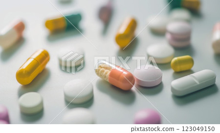 assorted colorful pills and capsules scattered on light surface background with shallow depth of field copyspace concept of pharmaceuticals medicine pharmacy assorted colorful pills and capsules scattered on light surface background with shallow depth of field copyspace concept of pharmaceuticals medicine pharmacy 123049150