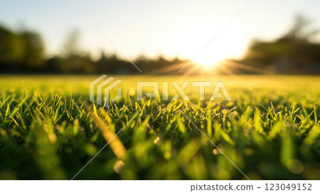 closeup of vibrant grass blades under warm morning sunshine in a blurry outdoors meadow with natural copyspace concept of lawncare gardening environment closeup of vibrant grass blades under warm morning sunshine in a blurry outdoors meadow with natural copyspace concept of lawncare gardening environment 123049152
