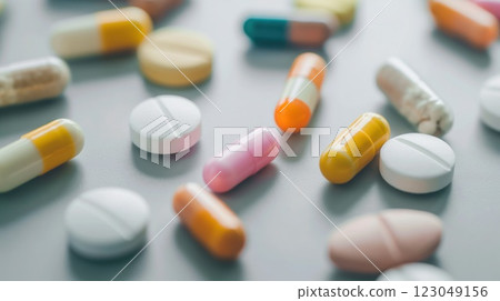 closeup of colorful assorted pills and capsules scattered on a plain surface in soft focus with minimal copyspace concept of healthcare pharmacy medicine 123049156