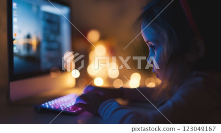 child focusing on illuminated keyboard while using a computer in low light with soft bokeh concept of technology learning creativity 123049167