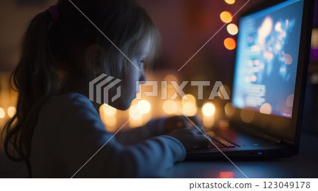 little girl using a laptop in a dimly lit setting glowing screen reflecting on her focused face bokeh background concept of technology education safety 123049178