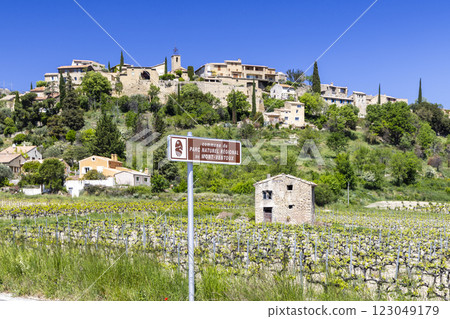 Typical vineyard with Wine road (Route Touristique des Cotes du Rhone) near Faucon, Cotes du Rhone, France 123049179
