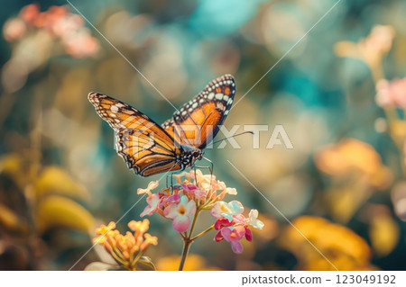 orange butterfly perched on small pink blossoms in soft dreamy garden with vibrant bokeh and delicate vibe copyspace concept of wildlife, conservation, eco 123049192
