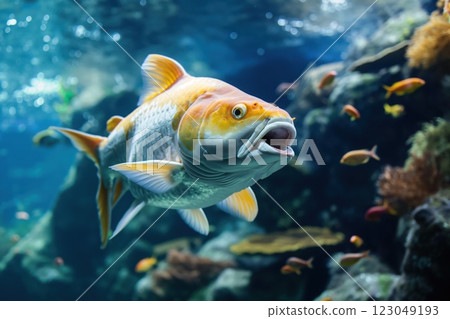 large golden koi fish swimming in clear aquarium waters with open mouth among colorful small companions concept of aquatics, pet care, ornamental 123049193