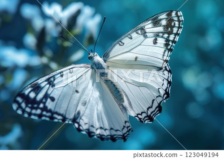 delicate white butterfly displaying intricate patterns on blurred teal background with soft lighting copyspace concept of nature, wellness, serenity 123049194