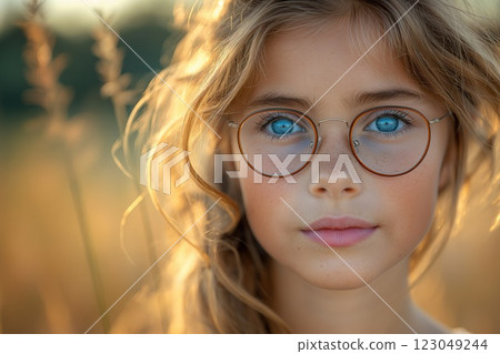 child wearing round eyeglasses looking at the camera in sunlit field with gentle freckles and soft expression concept of education, healthcare, marketing 123049244