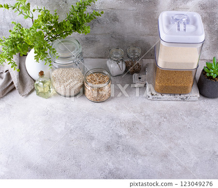 Zero waste storage concept with groats in jars 123049276