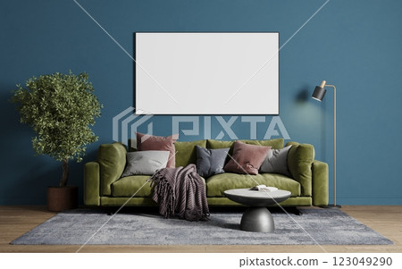 Empty frame for a picture or photo in the living room above the sofa. 3D rendering Empty frame for a picture or photo in the living room above the sofa. 3D rendering 123049290