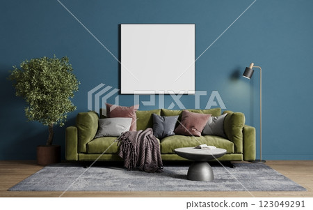Empty frame for a picture or photo in the living room above the sofa. 3D rendering 123049291