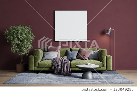 Empty frame for a picture or photo in the living room above the sofa. 3D rendering 123049293
