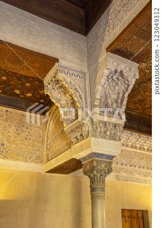Arabic interiors of Nasrid Palace, Alhambra palace comple, Generalife and Albayzin (Generalife y Albaicin de Granada), UNESCO site, Granada, Andalusia, Spain 123049312