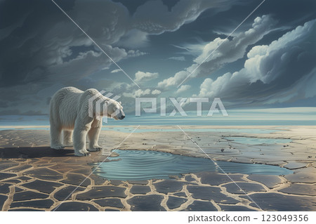 Unhappy white bear stands on dry empty ocean floor. Puddle of disappearing sea. Climate change. 123049356