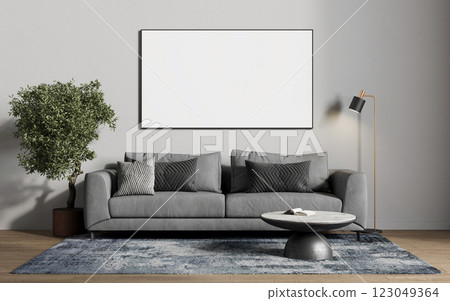 Empty frame for a picture or photo in the living room above the sofa. 3D rendering 123049364
