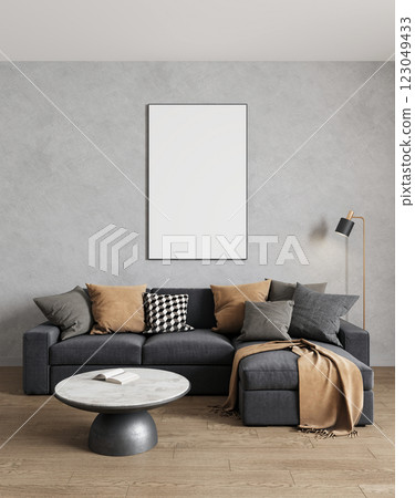 Empty frame for a picture or photo in the living room above the sofa. 3D rendering 123049433