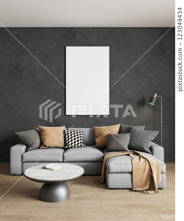 Empty frame for a picture or photo in the living room above the sofa. 3D rendering Empty frame for a picture or photo in the living room above the sofa. 3D rendering 123049434