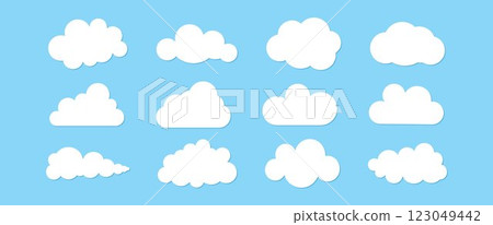 Set of 12 flat clouds. Simple cute vector illustration. Children's drawing. A weather or cloud storage icon. Blue summer sky. 123049442