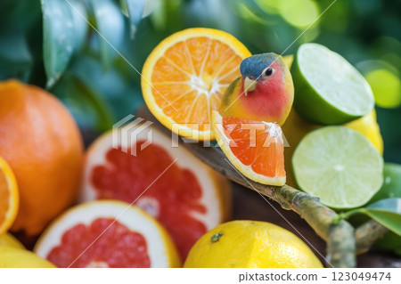 bird perched among sliced citrus in a lush green environment with bright plumage and playful vibe, concept of restaurant, marketing, hospitality 123049474