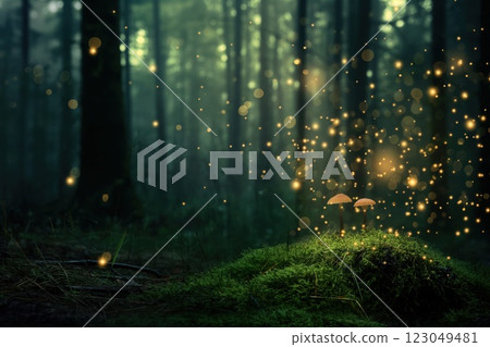 tiny mushrooms illuminated by floating golden particles in a dark woodland floor setting with enchanted atmosphere concept of nature, mysticism, design tiny mushrooms illuminated by floating golden particles in a dark woodland floor setting with enchanted atmosphere concept of nature, mysticism, design 123049481