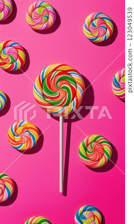 vibrant spiral lollipop with smaller candy pops on bright pink background playful color palette copyspace concept of confectionery, sweet shop, marketing 123049539