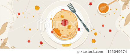 Pancake day banner. Pancakes on plate with fork in the centre. Grey background. Web illustration 123049674