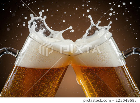 Draft beer poured into a mug - toasting with splashes (AI-generated image) 123049685