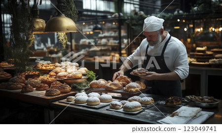 Expert baker skillfully arranges freshly made pastries in a cozy bakery filled with warm ambience and delightful aromas. Generative AI Expert baker skillfully arranges freshly made pastries in a cozy bakery filled with warm ambience and delightful aromas. Generative AI 123049741