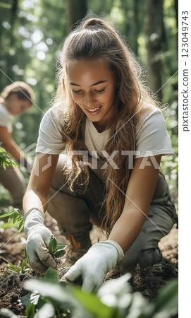 Young women working joyfully in the forest, planting seedlings to restore nature's beauty in afternoon light. Generative AI 123049743
