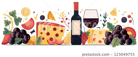 Wine, fruit and cheese snacks isolated on white background. Horizontal banner 123049755