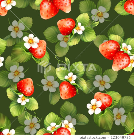 Strawberry with flowers, wild berries, leaves. Seamless pattern on green background. 123049785