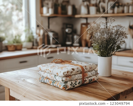 Beautifully arranged decorative fabrics with fresh flowers in a cozy kitchen setting filled with warmth and charm. Generative AI Beautifully arranged decorative fabrics with fresh flowers in a cozy kitchen setting filled with warmth and charm. Generative AI 123049794