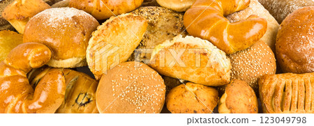 Croissants and Warious sweet pastries background. 123049798