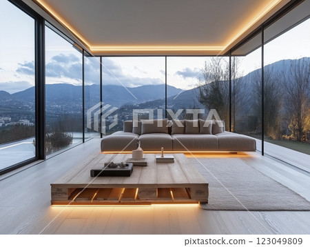 Modern living space offers breathtaking views of mountains during sunset with warm ambient lighting creating a cozy atmosphere. Generative AI 123049809