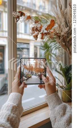 Hands holding a tablet displaying vibrant autumn scenes from a cozy cafe in the heart of the city during a sunny afternoon. Generative AI 123049810