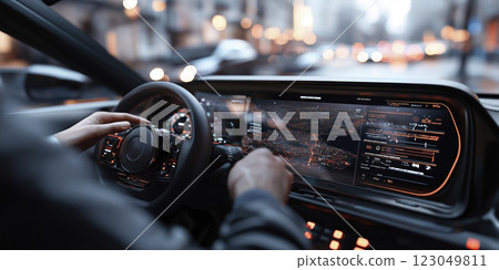 Driving through a futuristic cityscape at dusk with advanced technology and illuminated streets. Generative AI Driving through a futuristic cityscape at dusk with advanced technology and illuminated streets. Generative AI 123049811