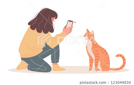 Young woman takes a picture of her red cat. Flat illustration for animal shelter. White background 123049830