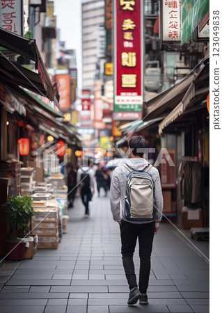 Wandering through vibrant market streets filled with colorful signs and bustling crowds in an urban setting. Generative AI 123049838