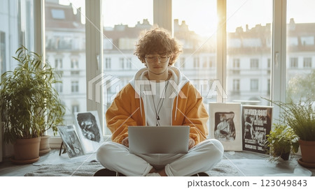 Cozy afternoon of creativity in a sunlit apartment as a young person works on a laptop surrounded by art. Generative AI 123049843