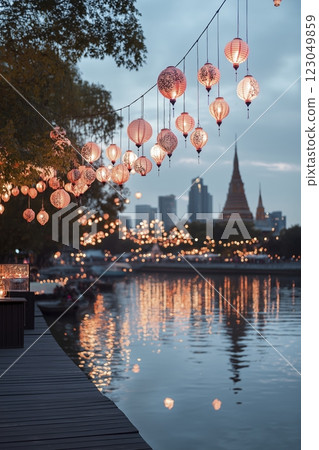 Dazzling lanterns illuminate the riverside promenade with a city skyline backdrop during twilight in Bangkok. Generative AI 123049859