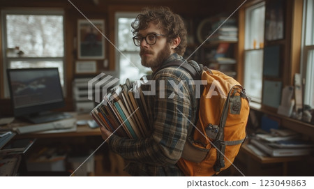 Creative student balances a stack of books while preparing for an inspiring study session in a cozy workspace. Generative AI 123049863
