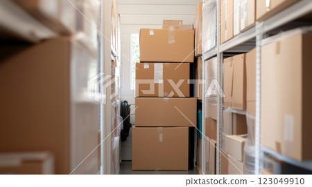 Storage Room Transformation, A before-and-after scene of a cluttered storage room turned into an organized space with labeled bins and neatly stacked boxes. 123049910