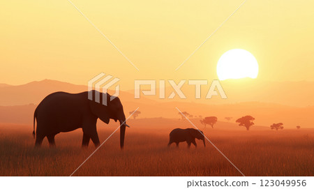 A mother African elephant gently guiding her calf through a golden savannah at sunset, symbolizing family bonds and wildlife conservation. 123049956