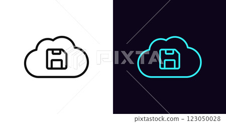 Outline cloud storage icon, with editable stroke. Cloud with diskette icon, cloud technology and security. Remote data storage, file save backup server, virtual database for safe update. Vector icon 123050028